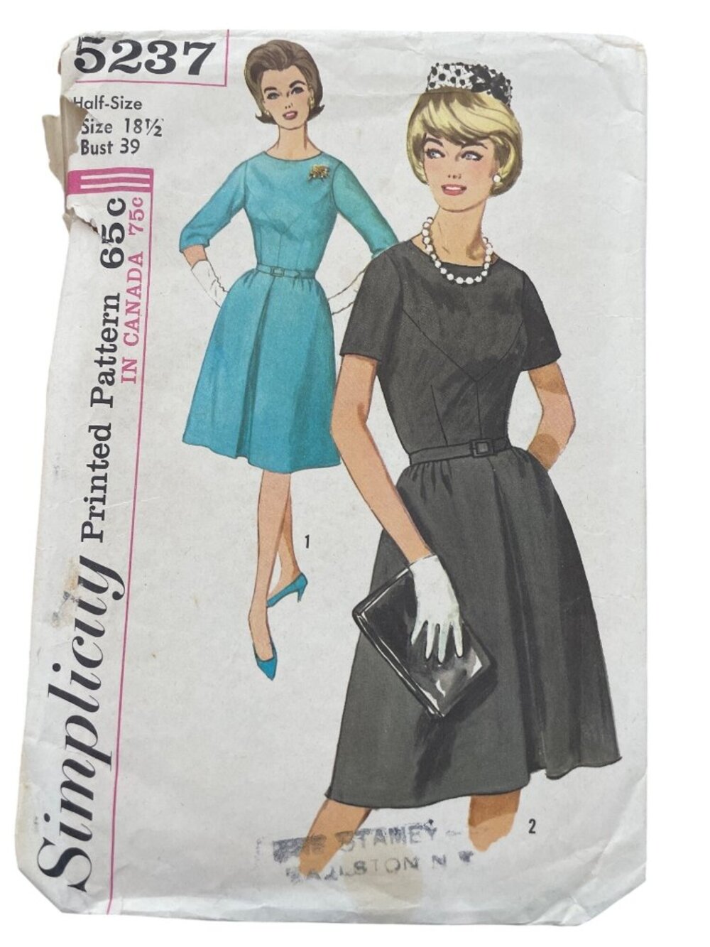 Vintage 60s Simplicity 5237 Sewing Pattern Half Size 18 1/2 One Piece Dress CUT